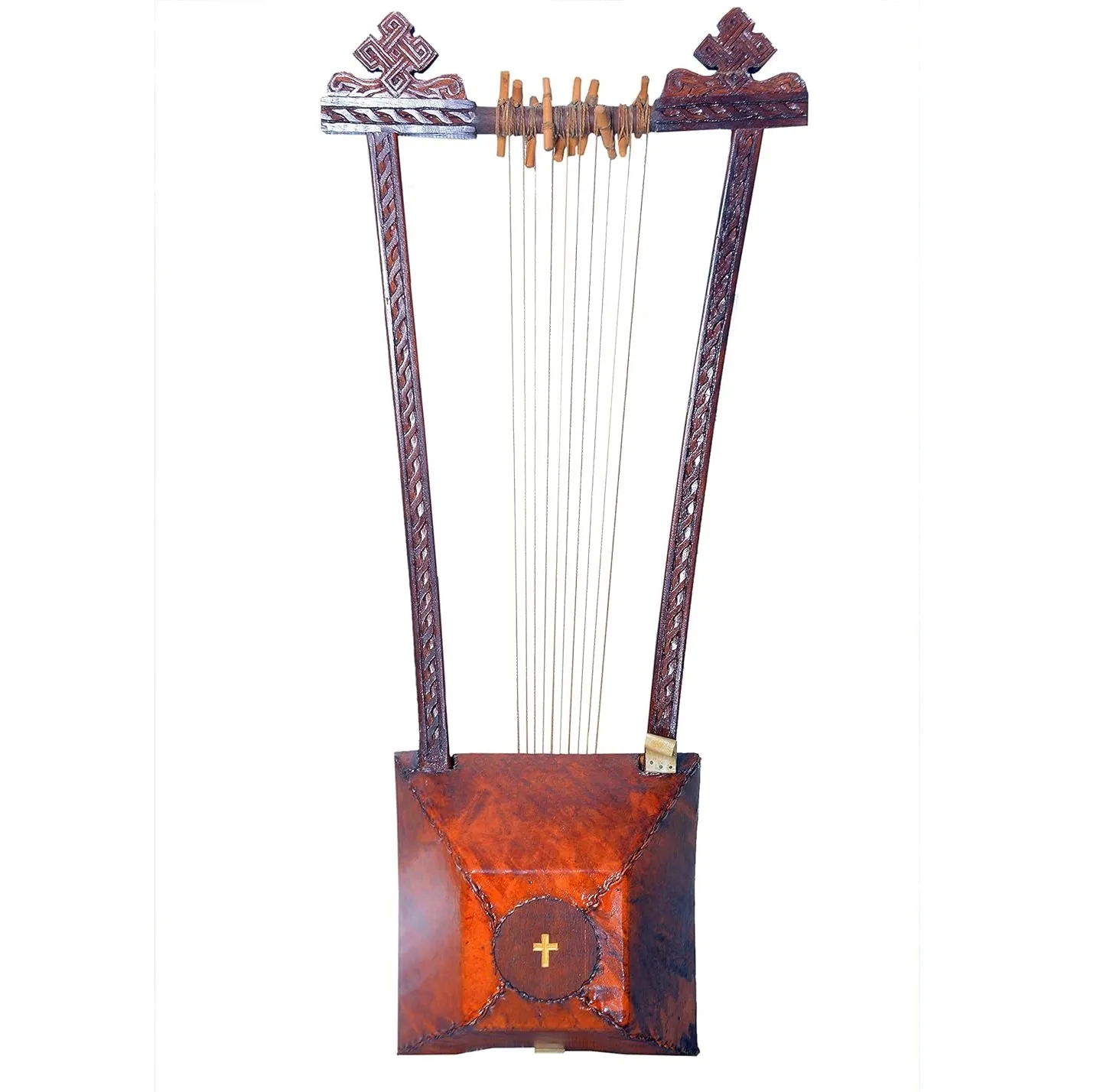 Sacred Ethiopian Begena, a ten-string ceremonial box-lyre with hand-carved head, gut strings and leather wrapping.